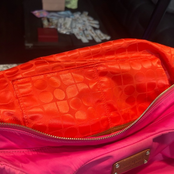 kate spade Hot Pink Nylon Satchel with Brown Leather Handles EUC - Picture 11 of 12